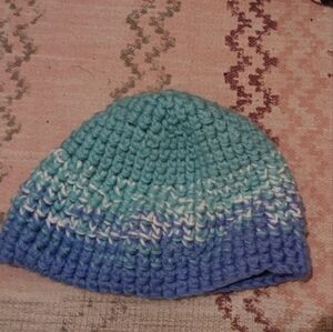 Blue, Green And White Crochet Beanie Hat Smoke Free Home. NEW.